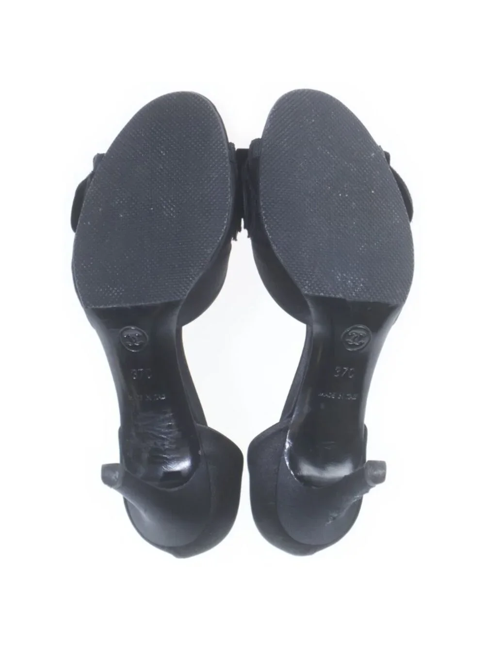 Chanel Camellia Ribbon Leather Open Toe Pin Heels Sandals Pumps Black 37